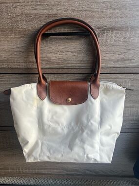Longchamp Small White/ Cream  Le Pliage Tote with Brown Leather Trim